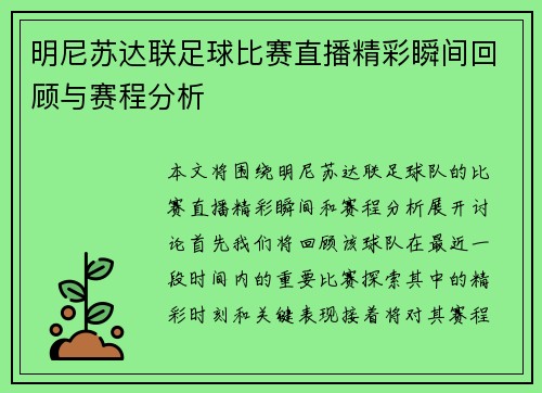明尼苏达联足球比赛直播精彩瞬间回顾与赛程分析