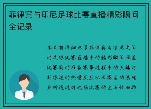 菲律宾与印尼足球比赛直播精彩瞬间全记录